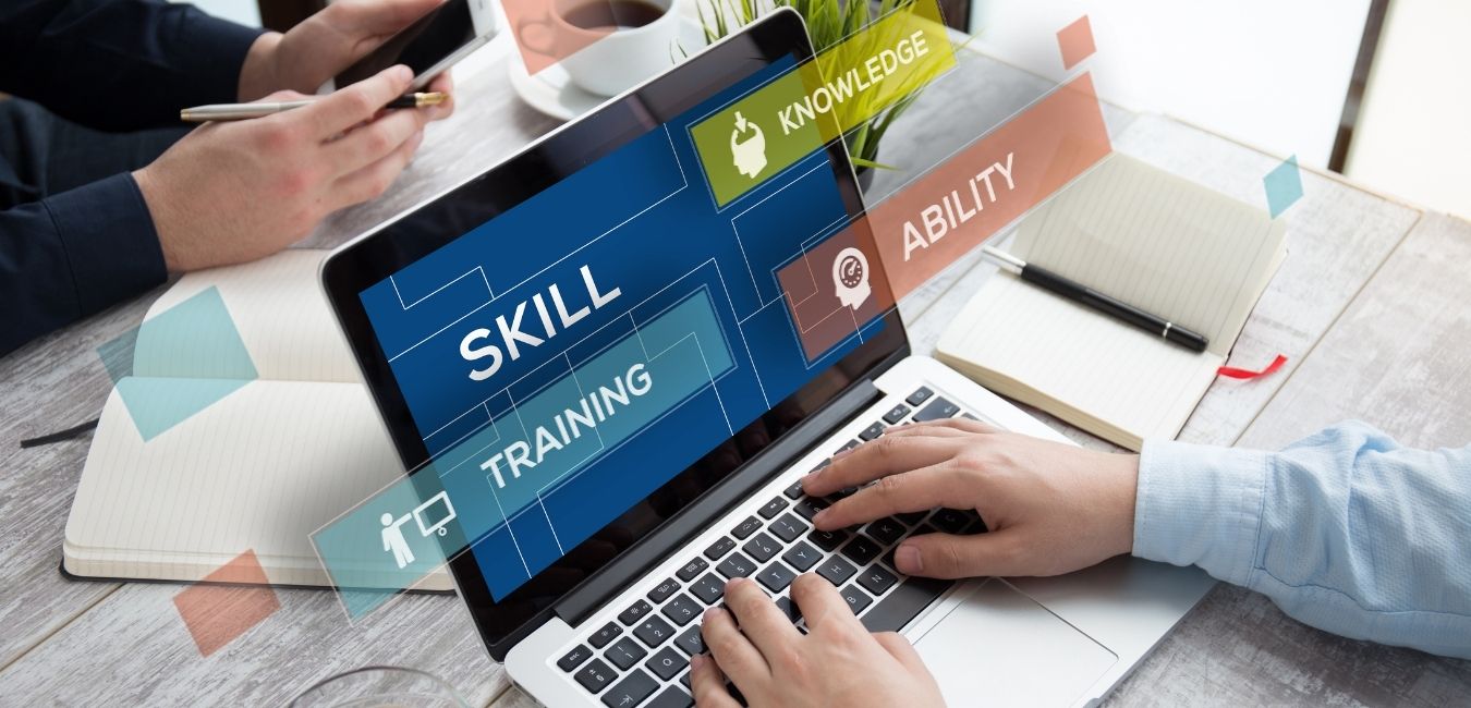 Computer screen with words skill, training, knowledge, ability Computer screen with words skill, training, knowledge, ability